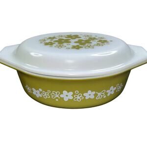 Vintage Pyrex Crazy Daisy Casserole Dish Spring Blossom Green & White 1.5 Qt 043